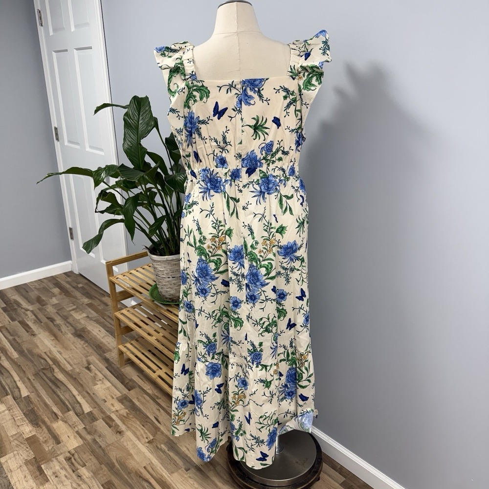 NWOT London Times Maxi Dress Plus 16W Cream & Blue Floral Butterfly Garden - Picture 3 of 14